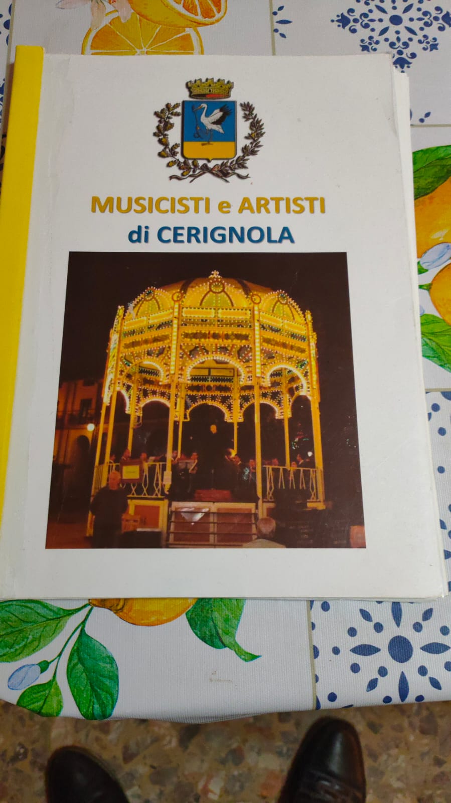 Copertina del libro "Musicisti e Artisti di Cerignola". Sotto lo stemma della città (una cicogna che afferra un serpente), l'immagine mostra una cassa armonica splendidamente illuminata di luci gialle durante un'esibizione notturna di una banda musicale.